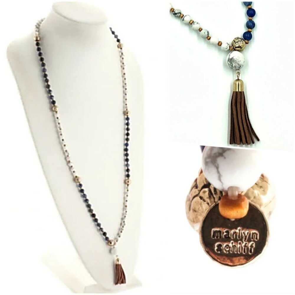 Marlyn Schiff Long Beaded Leather Tassel Necklace NWOT